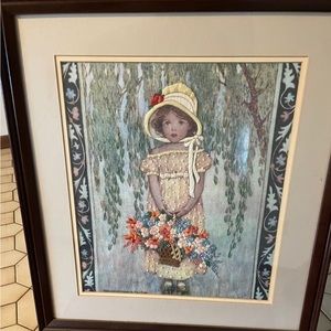 Vintage needlepoint framed art girl with bonnet and flowers